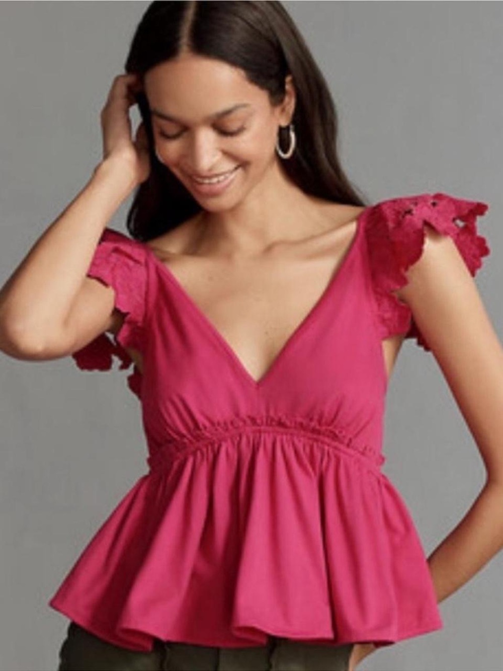 Anthropologie Fuchsia V-Neck Flutter Sleeve Babydoll Top